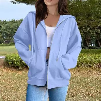 Женская повседневная модная однотонная толстовка с капюшоном и молнией с длинными рукавами XXXL