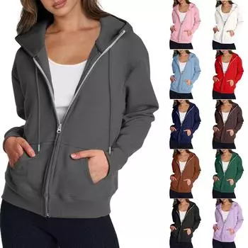 Женская повседневная модная однотонная толстовка с капюшоном и молнией с длинными рукавами L армия зеленый