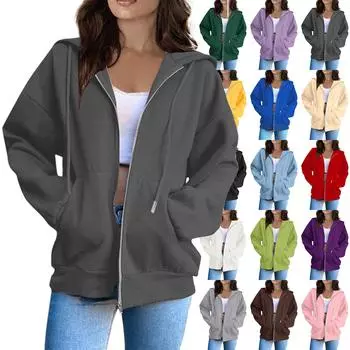 Женская повседневная модная однотонная толстовка с капюшоном и молнией с длинными рукавами L бежевый