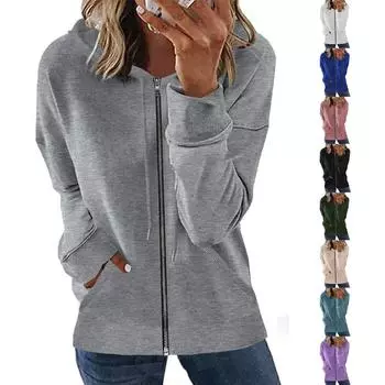 Женская повседневная модная однотонная толстовка с капюшоном и молнией с длинными рукавами S белый