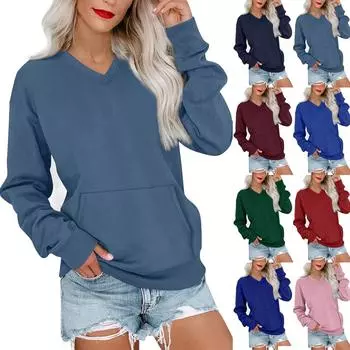 Женская повседневная модная однотонная толстовка с V-образным вырезом и длинными рукавами, легкая толстовка с карманами XXL