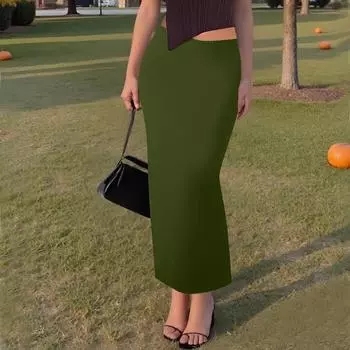 Женская повседневная модная однотонная юбка-рыбий хвост с разрезом, эластичная узкая юбка до середины тела L армия зеленый