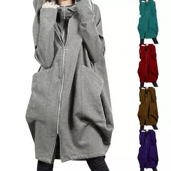 Женская повседневная модная осенне-зимняя однотонная свободная длинная куртка с капюшоном и карманом на молнии