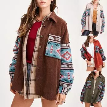 Женская повседневная модная осенне-зимняя вельветовая куртка с карманами и длинными рукавами с принтом L зелёный