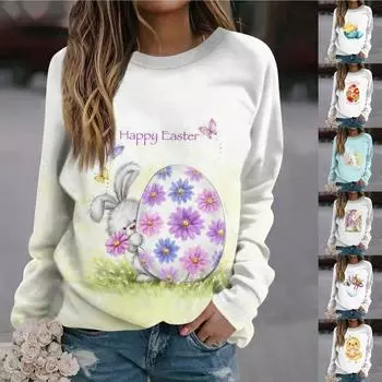 Женская повседневная модная пасхальная печать с длинным рукавом и круглым вырезом, пуловер, верхняя блузка XXL зелёный