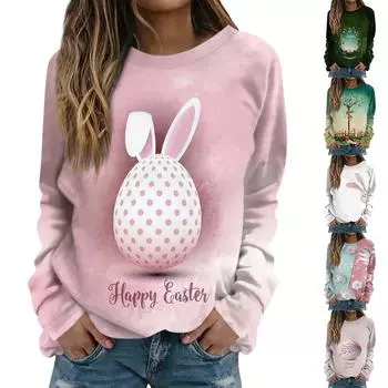 Женская повседневная модная пасхальная печать с длинным рукавом и круглым вырезом, пуловер, верхняя блузка L