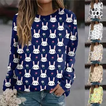 Женская повседневная модная пасхальная печать с длинным рукавом и круглым вырезом, пуловер, верхняя блузка S