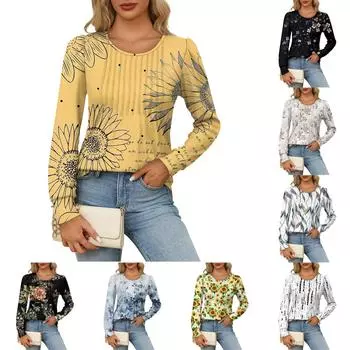 Женская повседневная модная плиссированная рубашка с длинным рукавом и круглым вырезом, повседневные топы S