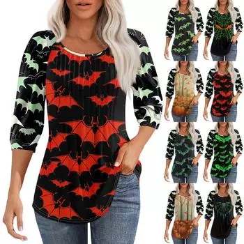 Женская повседневная модная плиссированная рубашка с круглым вырезом и рукавом 3/4, повседневные топы S