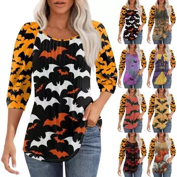 Женская повседневная модная плиссированная рубашка с круглым вырезом и рукавом 3/4, повседневные топы XXL оранжевый