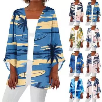 Женская повседневная модная пляжная легкая куртка средней длины с принтом «Океан-Три» L синий