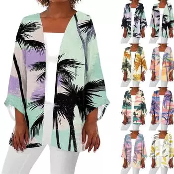 Женская повседневная модная пляжная легкая куртка средней длины с принтом «Океан-Три» L синий