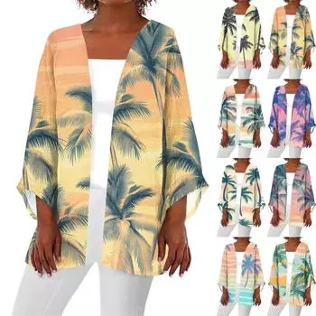 Женская повседневная модная пляжная легкая куртка средней длины с принтом «Океан-Три» L синий