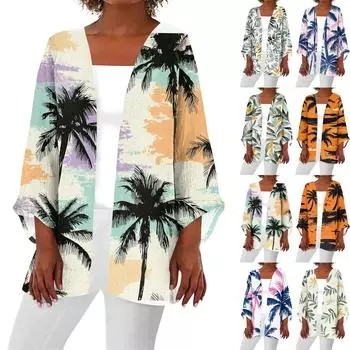 Женская повседневная модная пляжная легкая куртка средней длины с принтом «Океан-Три» L синий