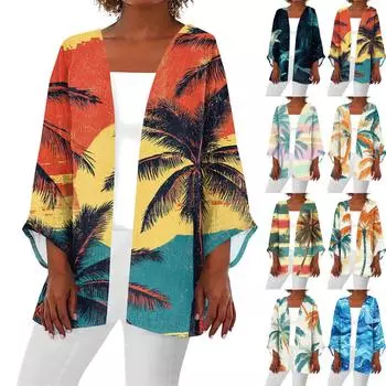 Женская повседневная модная пляжная легкая куртка средней длины с принтом «Океан-Три» L синий