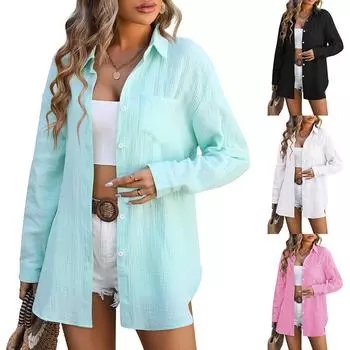 Женская повседневная модная пляжная накидка с двойным слоем мятой повседневной рубашки L чёрный