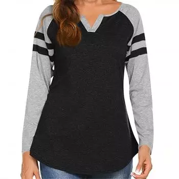 Женская повседневная модная полосатая футболка с длинным рукавом, V-образным вырезом, цветной блок L