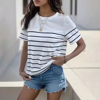 Женская повседневная модная полосатая футболка с круглым вырезом и короткими рукавами