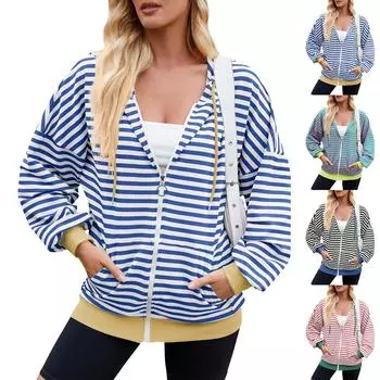 Женская повседневная модная полосатая куртка-толстовка с капюшоном и карманом на молнии с длинными рукавами M чёрный