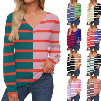 Женская повседневная модная полосатая рубашка с длинными рукавами и манжетами на пуговицах с V-образным вырезом, свободная футболка, осенняя одежда XXL