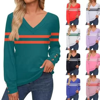Женская повседневная модная полосатая рубашка с длинными рукавами и манжетами на пуговицах с V-образным вырезом, свободная футболка, осенняя одежда XXXL хаки