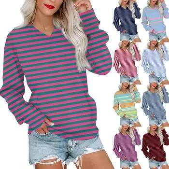 Женская повседневная модная полосатая толстовка с V-образным вырезом и длинным рукавом, легкая толстовка с карманами M циан