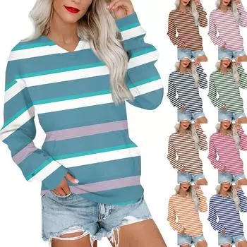 Женская повседневная модная полосатая толстовка с V-образным вырезом и длинным рукавом, легкая толстовка с карманами L чёрный