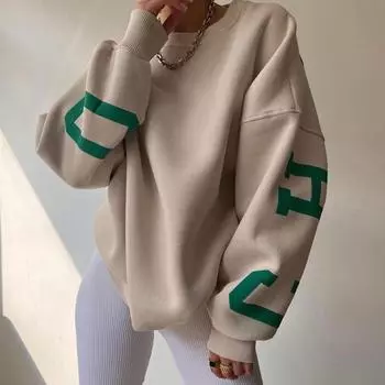 Женская повседневная модная пуловер с длинными рукавами и буквенным принтом, толстовка с круглым вырезом, топы для женщин L хаки