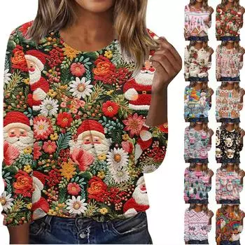 Женская повседневная модная рождественская 3D-печать, пуловер с длинным рукавом и круглым вырезом, блузка L фиолетовый