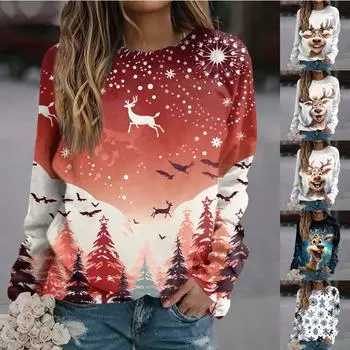 Женская повседневная модная рождественская печать с длинным рукавом и круглым вырезом, пуловер, верхняя блузка XXL синий