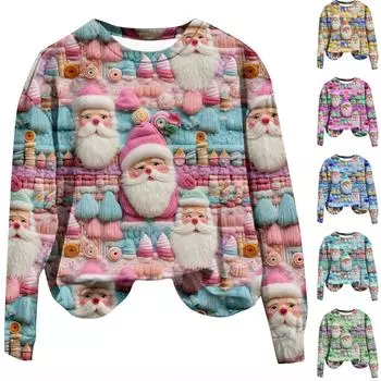 Женская повседневная модная рождественская печать с длинным рукавом и круглым вырезом, пуловер, верхняя блузка XL