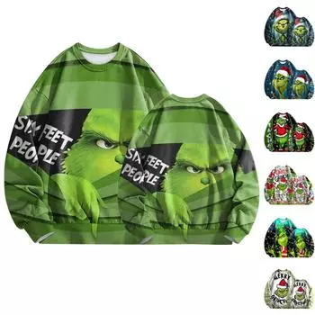 Женская повседневная модная рождественская печать с длинным рукавом и круглым вырезом, пуловер, верхняя блузка XL чёрный