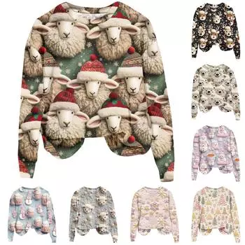 Женская повседневная модная рождественская печать с длинным рукавом и круглым вырезом, пуловер, верхняя блузка XL