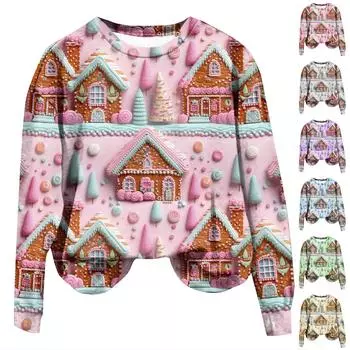 Женская повседневная модная рождественская печать с длинным рукавом и круглым вырезом, пуловер, верхняя блузка L розовый