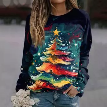 Женская повседневная модная рождественская печать с длинным рукавом и круглым вырезом, пуловер, верхняя блузка L тёмно-синий