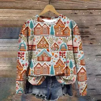 Женская повседневная модная рождественская печать с длинным рукавом и круглым вырезом, пуловер, верхняя блузка L оранжевый