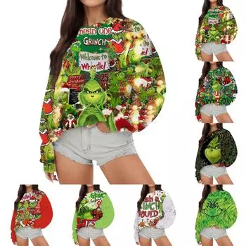 Женская повседневная модная рождественская принтовая толстовка с длинным рукавом XXXL зелёный