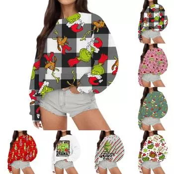 Женская повседневная модная рождественская принтовая толстовка с длинным рукавом L армия зеленый