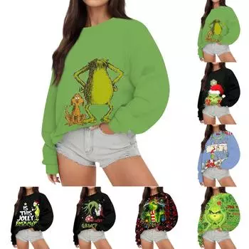 Женская повседневная модная рождественская принтовая толстовка с длинным рукавом L тёмно-синий