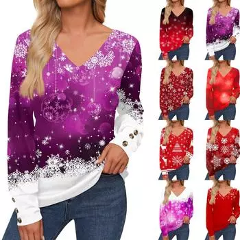 Женская повседневная модная рождественская рубашка со снежинками и длинными рукавами, манжетами на пуговицах, с V-образным вырезом, свободная футболка, осенняя одежда XL