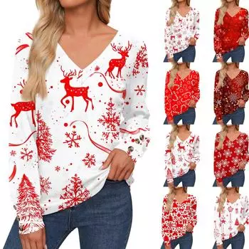 Женская повседневная модная рождественская рубашка со снежинками и длинными рукавами, манжетами на пуговицах, с V-образным вырезом, свободная футболка, осенняя одежда XXXL