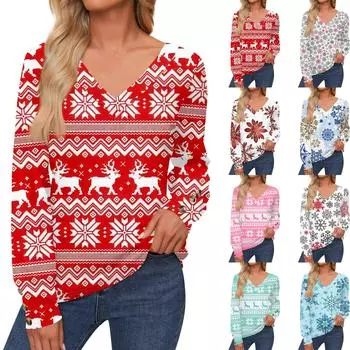 Женская повседневная модная рождественская рубашка со снежинками и длинными рукавами, манжетами на пуговицах, с V-образным вырезом, свободная футболка, осенняя одежда XXXL розовый