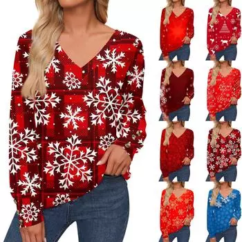 Женская повседневная модная рождественская рубашка со снежинками и длинными рукавами, манжетами на пуговицах, с V-образным вырезом, свободная футболка, осенняя одежда XXXL розовый