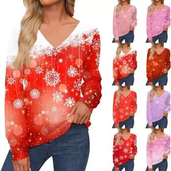 Женская повседневная модная рождественская рубашка со снежинками и длинными рукавами, манжетами на пуговицах, с V-образным вырезом, свободная футболка, осенняя одежда M красный