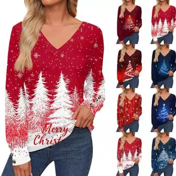 Женская повседневная модная рождественская рубашка со снежинками и длинными рукавами, манжетами на пуговицах, с V-образным вырезом, свободная футболка, осенняя одежда S