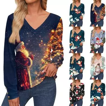 Женская повседневная модная рождественская рубашка со снежинками и длинными рукавами, манжетами на пуговицах, с V-образным вырезом, свободная футболка, осенняя одежда XL