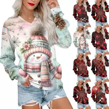 Женская повседневная модная рождественская толстовка с V-образным вырезом и длинными рукавами, легкая толстовка с карманами XL винный