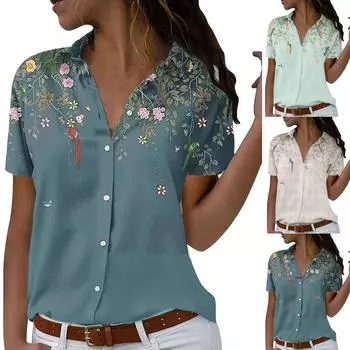Женская повседневная модная рубашка с цветочным принтом и короткими рукавами, свободная рубашка на пуговицах XXL
