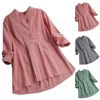 Женская повседневная модная рубашка с длинным рукавом и принтом в клетку в винтажном стиле S зелёный