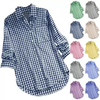 Женская повседневная модная рубашка с длинным рукавом и лацканами в клетку в винтажном стиле L синий